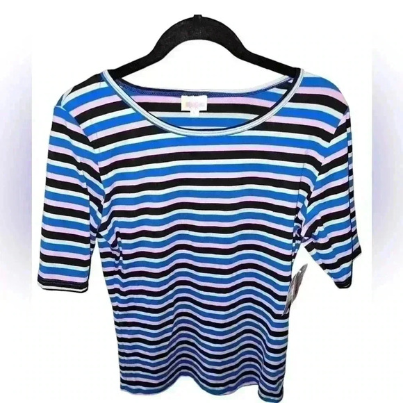 Lularoe large striped Gigi t shirt. Short sleeve , fitted. black , blue, rose. - Picture 1 of 8